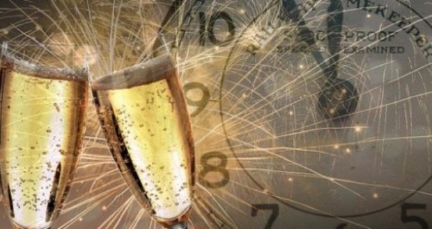 Image of champagne and fireworks.