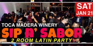 Flyer for Toca Madera winery sip n' sabor latin party
