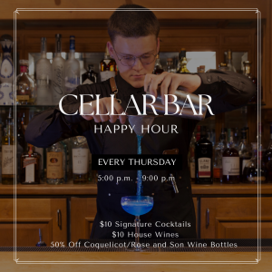 Flyer for Cellar Bar Happy Hour on thursdays