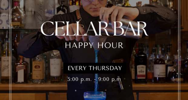 Flyer for Cellar Bar Happy Hour on thursdays
