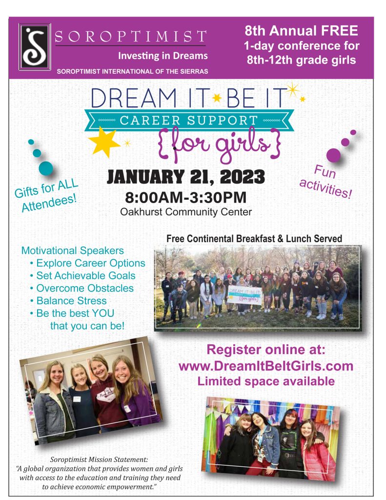 Flyer for Soroptimist 8th Annual Dream it Be it Career support for girls