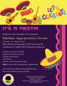 It's a fiesta flyer for oakhurst chamber of commerce installation dinner and award ceremony