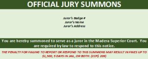 Image of a jury summons postcard from Madera County courts.