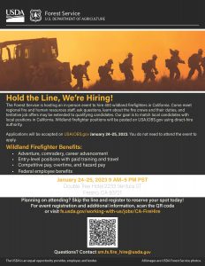 Flyer for Forest Service Firefighters hiring event