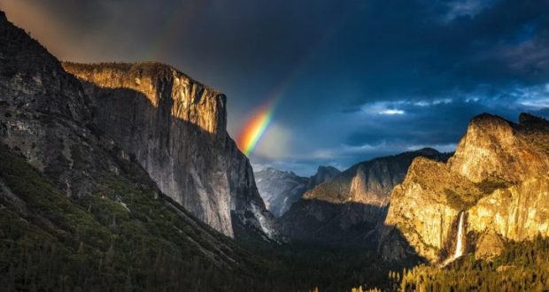 Image of a rainbow over El Capitan at Yosemite.