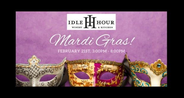 Image of the flyer for the Mardi Gras party at Idle Hour Winery & Kitchen.