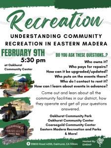 Image of the flyer for the Oakhurst town hall meeting on recreation.