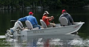 Image of three men in a boat fishing on Bass Lake.