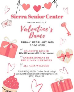 Image of the flyer for the Valentine's Dance at the Sierra Senior Center.