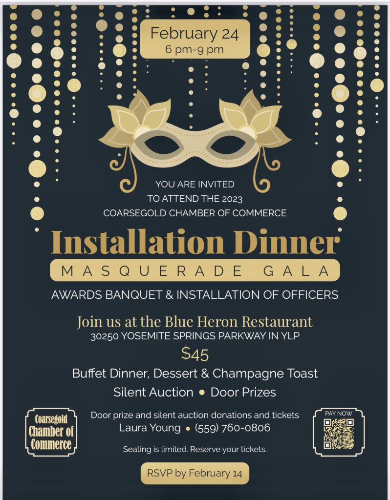 Flyer for Coarsegold installation dinner masquerade gala
