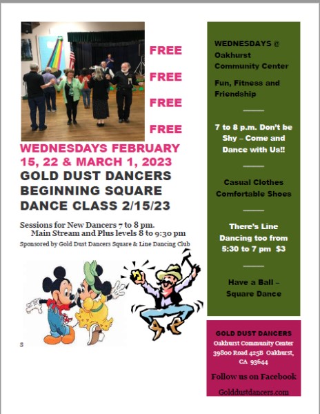 Image of the flyer for the Gold Dust Dancers square dancing lessons. 