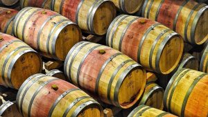 Image of a large group of wine barrels. 