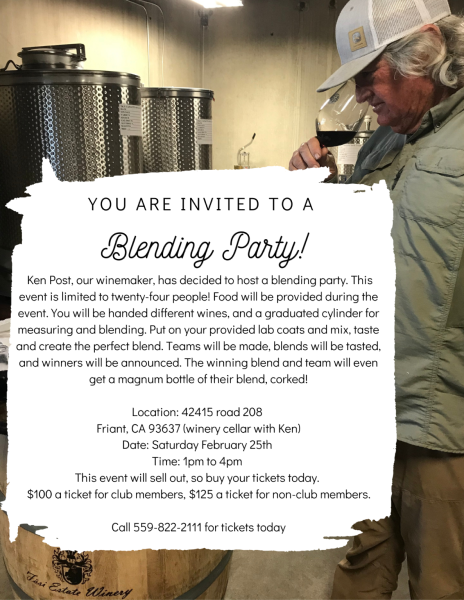 Image of the flyer for the Fasi Estate Winery Wine Blending event. 