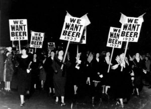 Image of a Prohibition-era photograph of protestors demanding beer. 