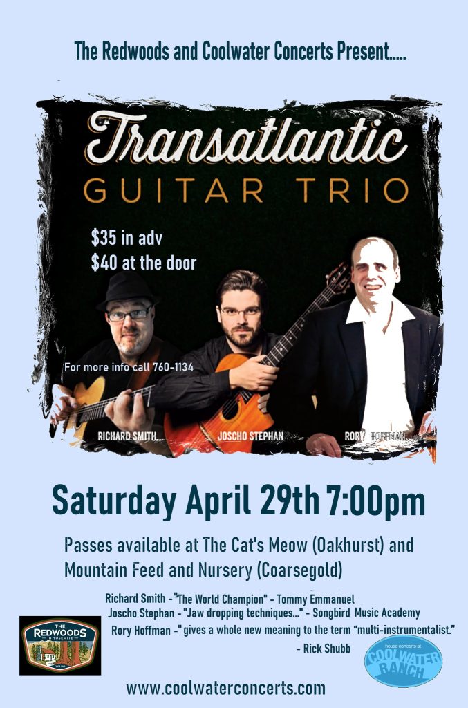 Flyer for the coolwater ranch house concert featuring Transatlantic guitar trio 
