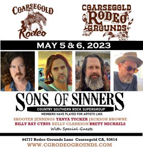 Flyer for the sons of sinners band performing at the Coarsegold Rodeo