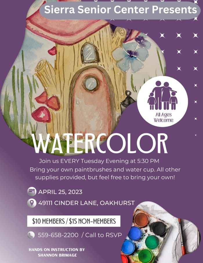 flyer for watercolor class at the sierra senior center