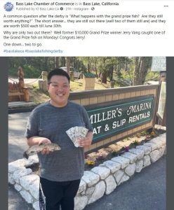 Post about the fishing derby and a picture of a boy that caught a lucky fish