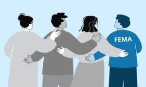 Cartoon image of a group of people with their arms around each other with one of them wearing a FEMA shirt. 