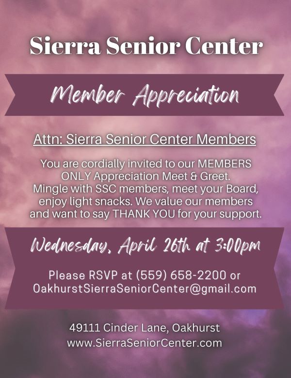 Flyer for the Sierra senior center member appreciation 