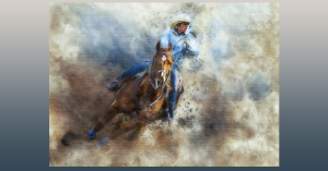 Image of a painting of a cowboy on horseback barrel racing.