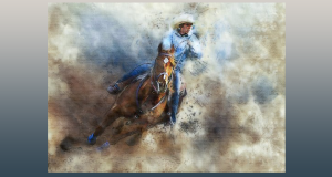 Image of a painting of a cowboy on horseback barrel racing.