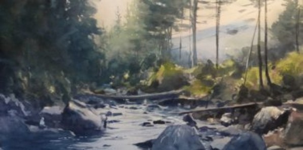 Image of a watercolor painting of a river. 