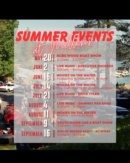 Image of a Summer Event schedule at Miler's Landing 