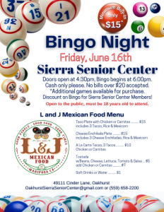 Flyer for the binog night at the sierra senior center