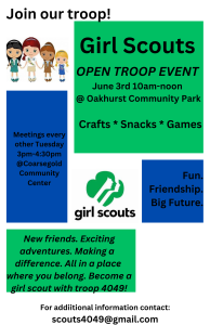 Flyer for the Girl Scoots Open Troop Event in Oakhurst