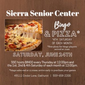 flyer for pizza and bingo at the sierra senior center