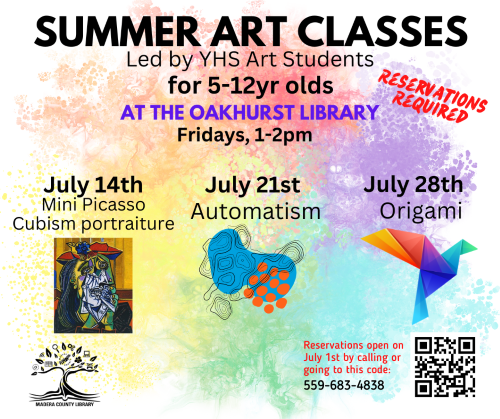 image of a flyer for the summer art classes at the oakhurst branch library