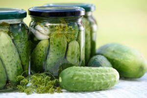 Image of jars of pickled cucumbers. 