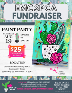 image of a flyer for the EMC SPCA fundraiser paint party. shows a painting of a cactus