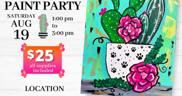 image of a flyer for the EMC SPCA fundraiser paint party. shows a painting of a cactus