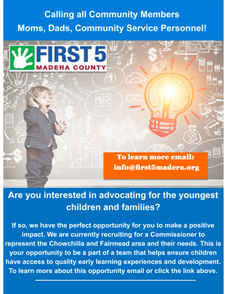 Image of the First 5 Madera County Commissioner recruitment poster. 