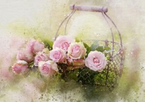 Image of a basket of pink roses.