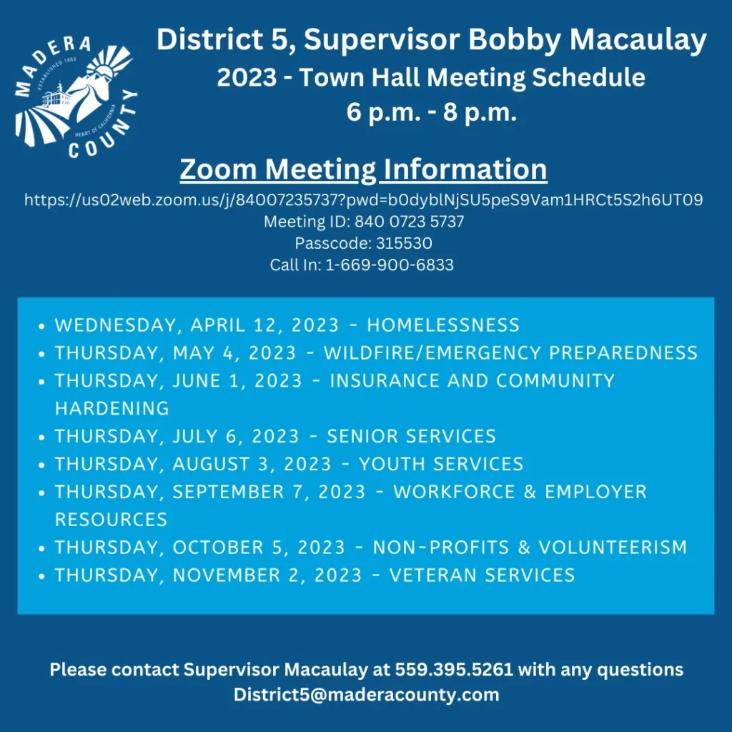 image of a flyer for the district 5 Madera town hall