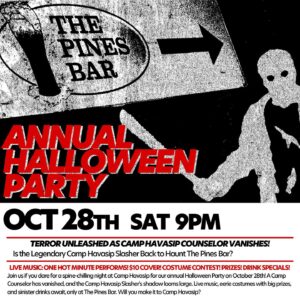 image of a flyer for the pines bar halloween party