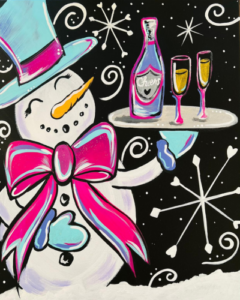 Image of a painting of a snowman with a hat and ribbon, holding a tray with drinks on it