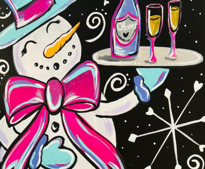 Image of a painting of a snowman with a hat and ribbon, holding a tray with drinks on it