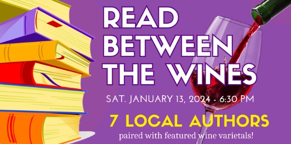 image of a flyer for read between the wines. shows books and wine