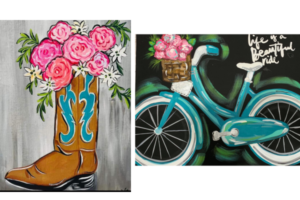 Image of a two paintings. One is of a bike with flowers. and the other is a boot with flowers