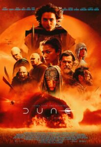 Movie Poster for Dune Part 2 featuring characters in the background.
