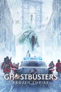 Ghostbusters logo on a frozen empire background, representing a chilling encounter with the supernatural.