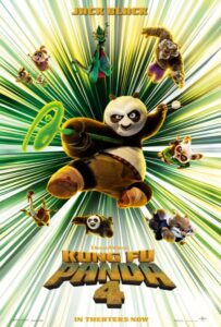 Movie Poster for Kung Fu Panda 4 featuring characters in the background.
