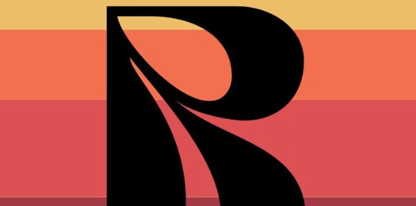 Image of an artistic R in black with yellow orange and red stripes in the background