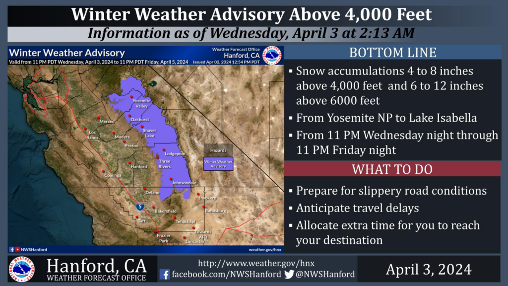 Graphic including a map of a Winter weather advisory.
