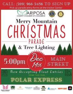 Flyer for Merry Mountain Christmas Parade and Tree Lighting