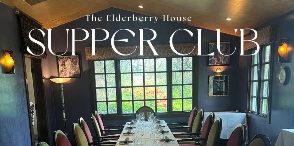 image of a flyer for the elderberry house supper club. shows a big dining table with chairs and wine glasses